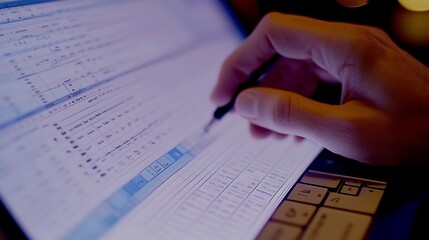 Obraz premium Hand Using Stylus On Laptop Screen Reviewing Data