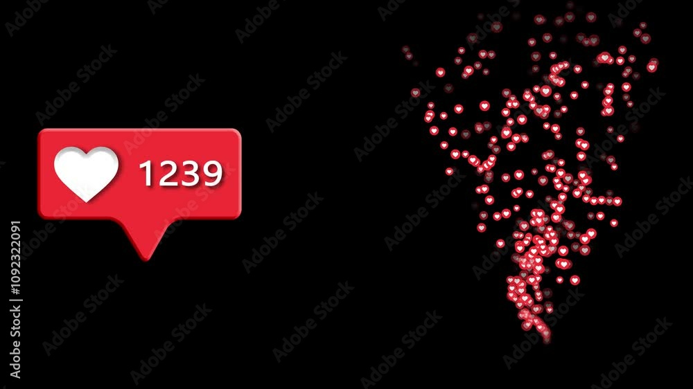 Poster notification floating like button heart icons comments, follower, subscribers effect. social media m
