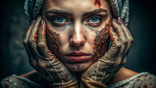 Dramatic Portrait Photography of a Degloved Face, Emphasizing the Raw Human Condition and Evoking Deep Emotions in a Surreal and Striking Visual Presentation