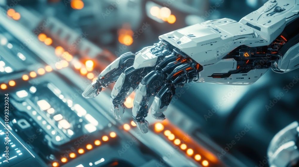 Poster robotic hand interacting with futuristic technology