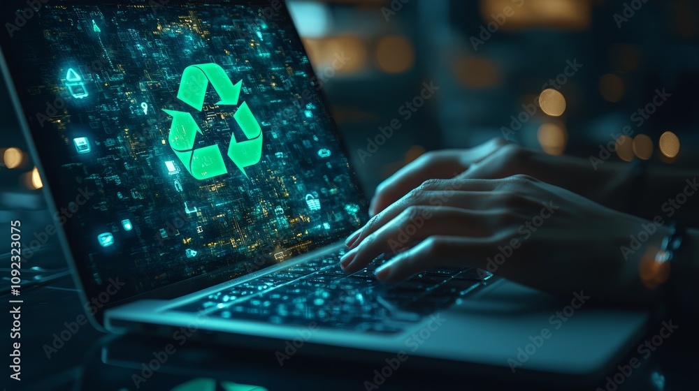 Poster person using laptop displaying a recycling symbol and digital data.