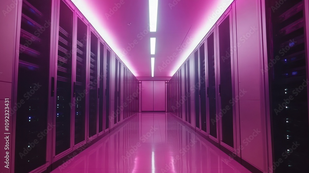 Poster pink lit server room corridor showing rows of servers
