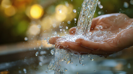 Fototapeta premium Refreshing flow of clear water falling into open hands with sunlight and nature in the background