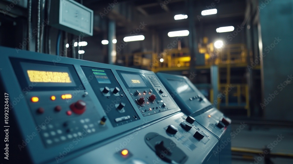 Poster Industrial Control Panel Displays Operational Data In Factory Setting