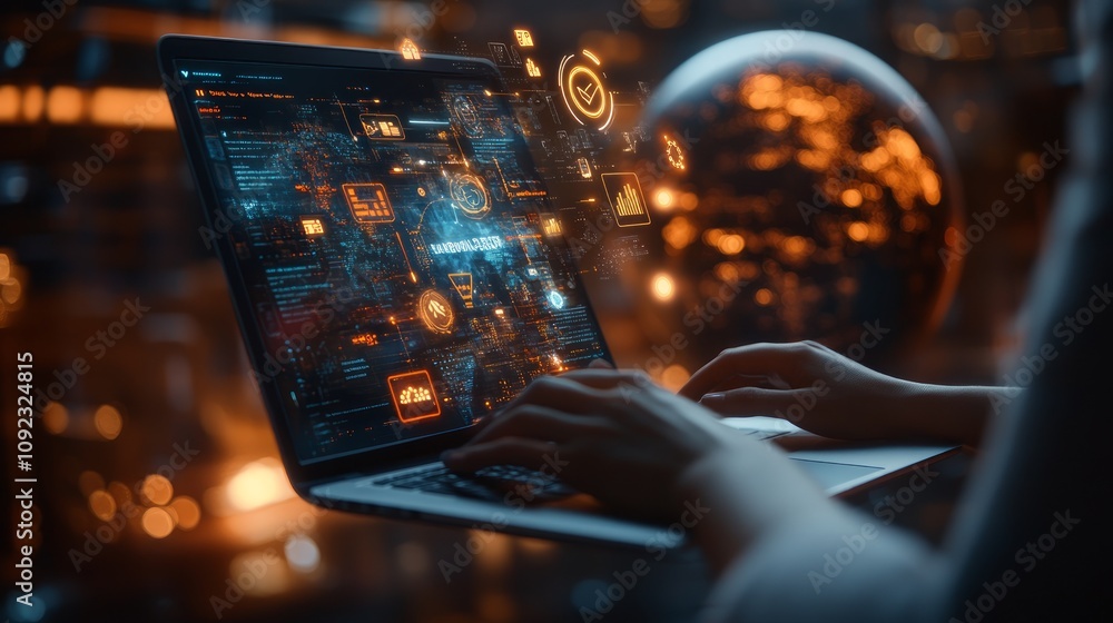 Poster person using laptop with futuristic digital interface and data projections.