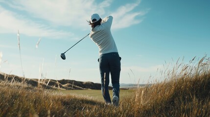 A Golfer Perfectly Executing a Swing with a Club Against a Clear Blue Sky on a Beautiful Sunny Day in Outdoor Golf Course Setting