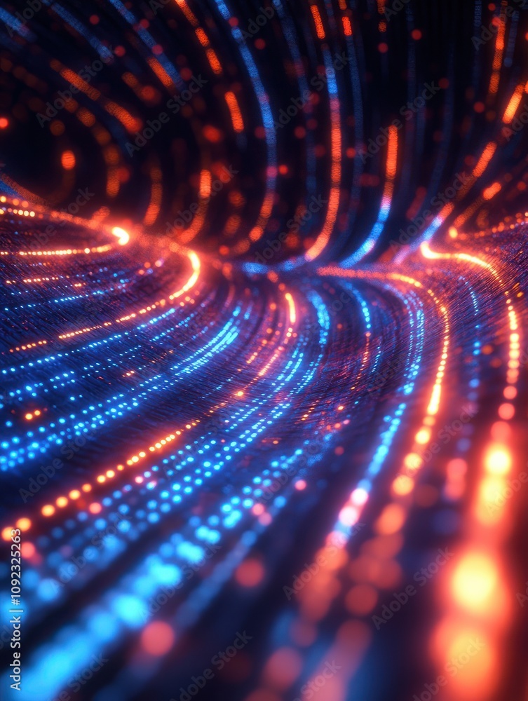 Poster abstract virtual digital stream. flowing binary code and neon glowing wave. storage cloud structure.