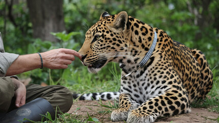 Obraz premium Leopard and Human Interaction in Nature