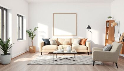 Fototapeta premium Modern Living Room with Cozy Sofa and Empty Blank Canvas in The Wall, Art Design Inspiration Concept.