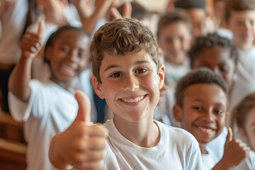 Fototapeta premium A group of children are smiling and giving thumbs up to the camera