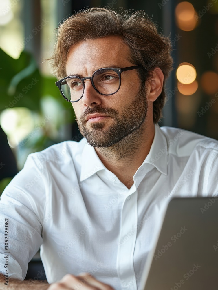 Poster analyst working at laptop with automation process. business process automation, business process wor