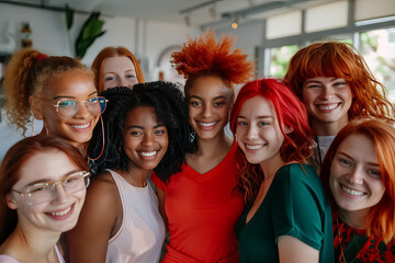 Obraz premium A group of women with different hair colors and styles are smiling for a photo