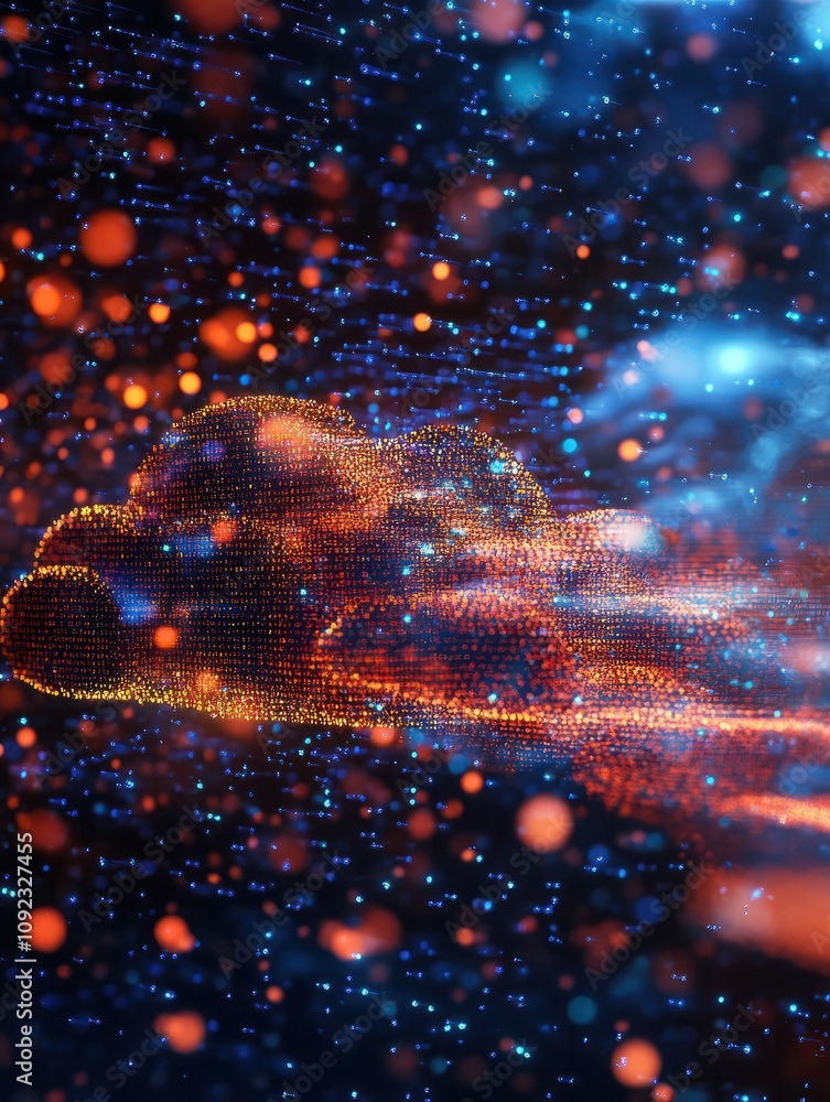 Poster big data transfer concepts in internet. abstract virtual stream. flowing digital code. storage cloud