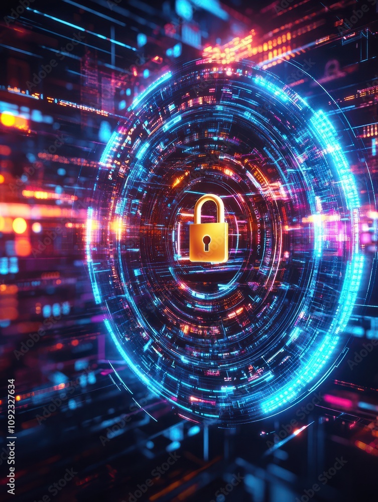 Poster Blockchain and digital money security concept with glowing digital lock sign in a circle on abstract wallpaper with world map scheme. 3D rendering