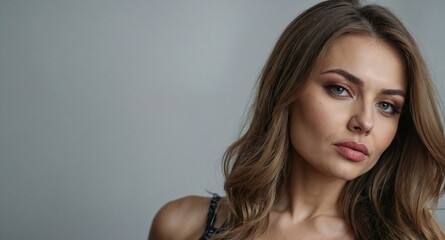Naklejka premium Advertising pose of very beautiful woman on isolated background, professional studio shot, free space for text