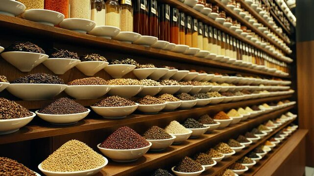 Numerous spice containers line wooden shelves in a market, showcasing a vibrant array of colors and textures