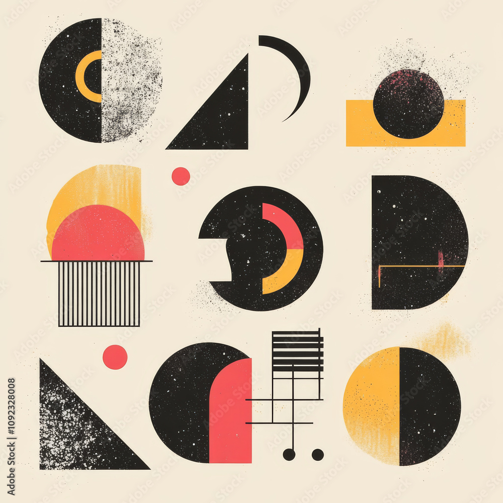 Poster a collection of brutalist geometric shapes and symbols, incorporating simple, primitive elements and