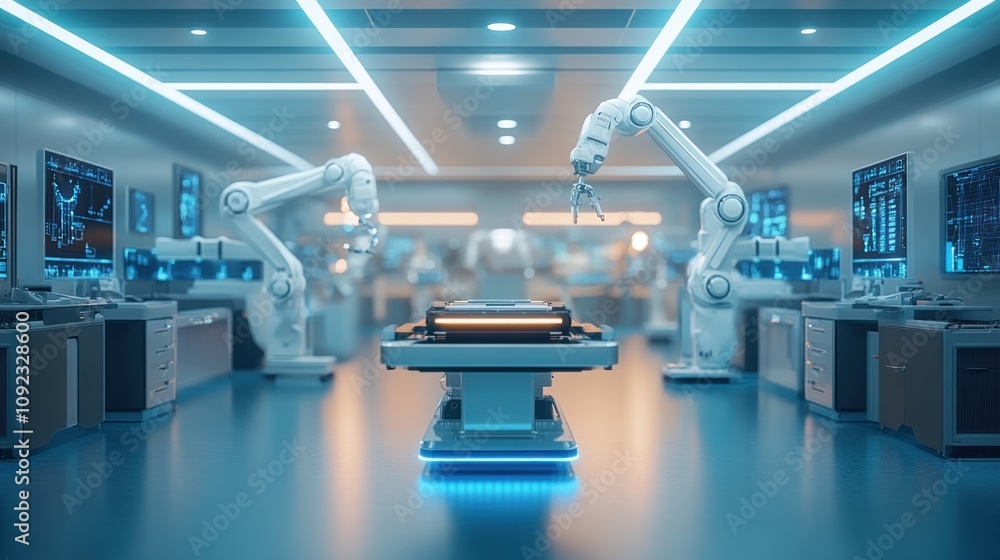 Poster robotic arms operate in a futuristic laboratory setting