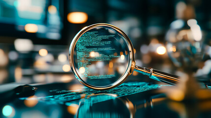 Close-up of a magnifying glass focusing on digital code on a screen, symbolizing analysis and cybersecurity in a tech environment.
