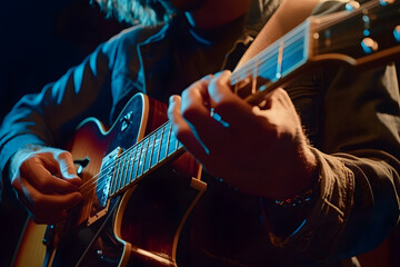 Obraz premium Professional Musician Showcasing Guitar Skills and Vocals. Live music entertainment concept