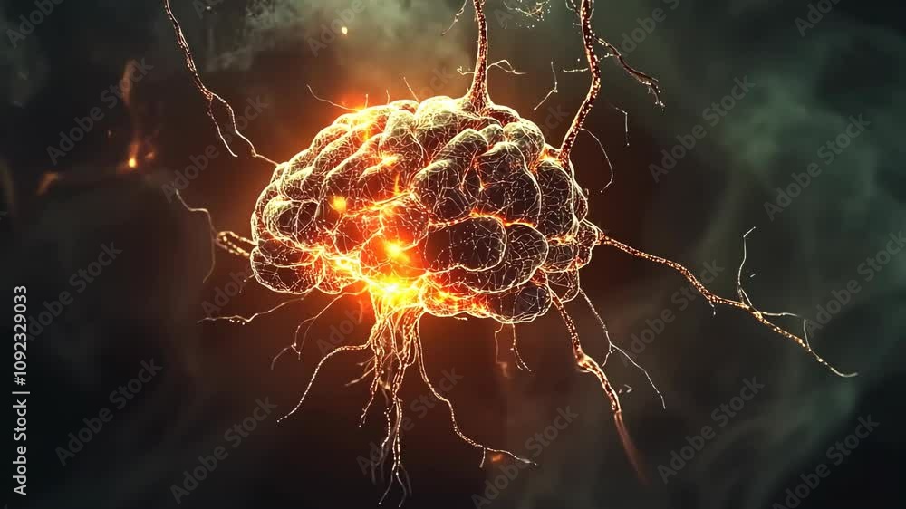 Poster digital rendering depicts a glowing brain neuron network firing