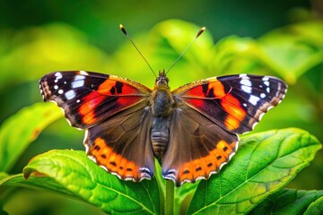 Stunning Red Admiral Butterfly on Lime Green Leaf with Closed Wings - Nature Beauty, Macro Photography, Insect Close-Up, Wildlife, Colorful Butterflies, Garden Flora, Spring Vibes