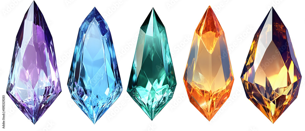 Poster a set of multi-colored, faceted crystals in the form of a drop. crystal design element for decor. gr