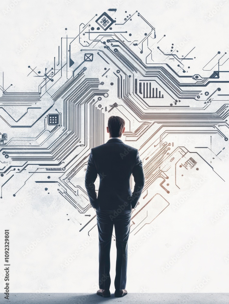 Poster businessman standing on abstract circuit arrow sketch on white background with mock up place. succes