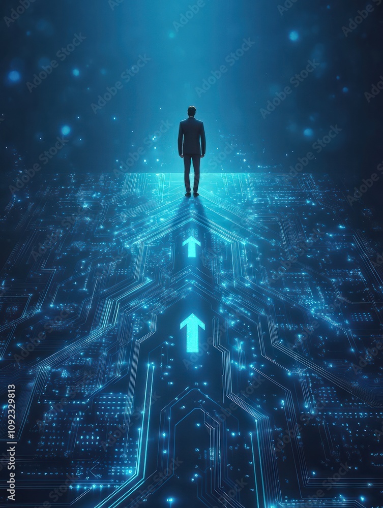 Poster businessman standing on abstract circuit arrow sketch on blue background with mock up place. success