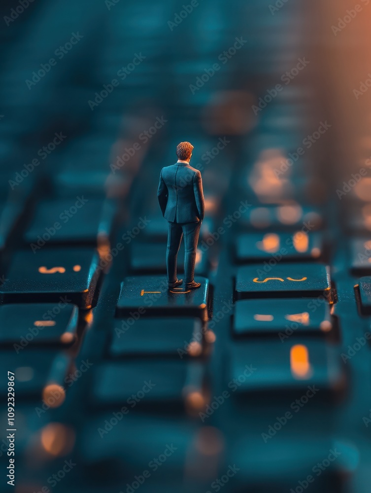 Poster businessman with abstract desktop with computer workplace standing on keyboard keys. digital transfo