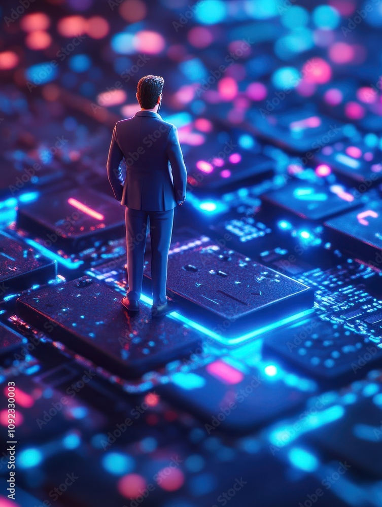 Poster businessman with abstract desktop with computer workplace standing on keyboard keys. digital transfo