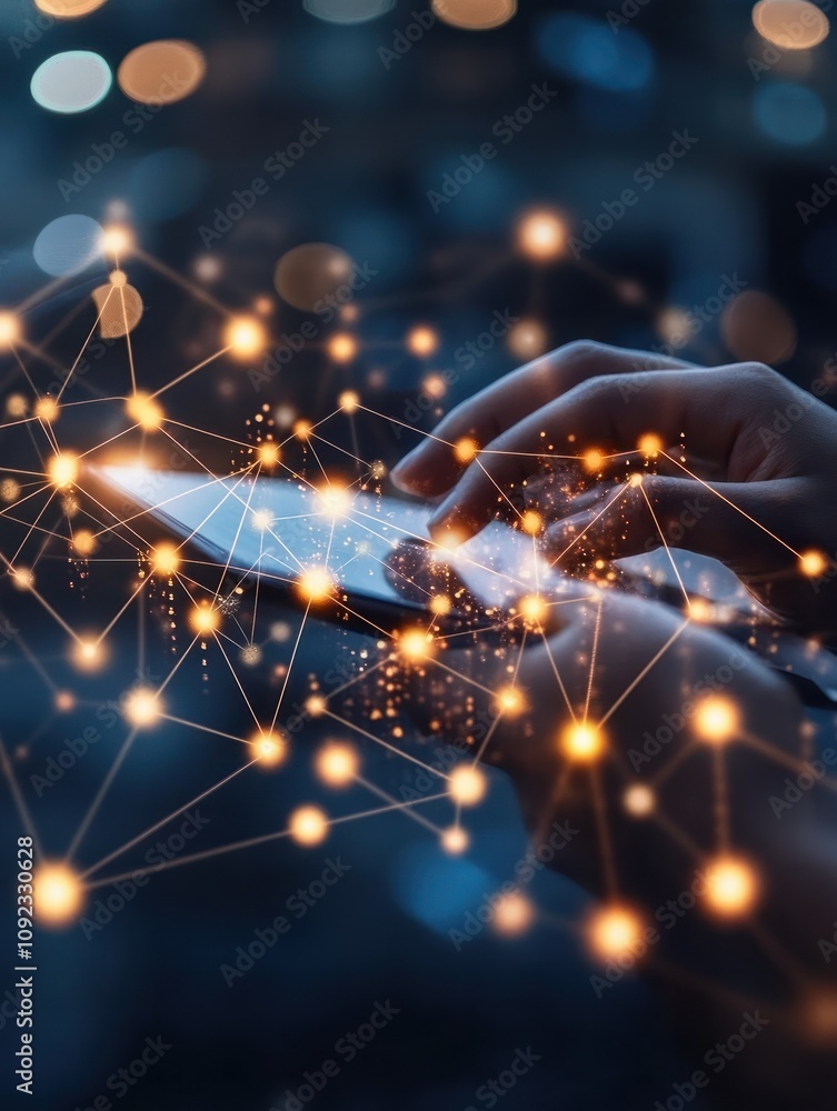 Aufkleber close up of backlit hand using tablet on desktop with creative glowing connected people icons on blu