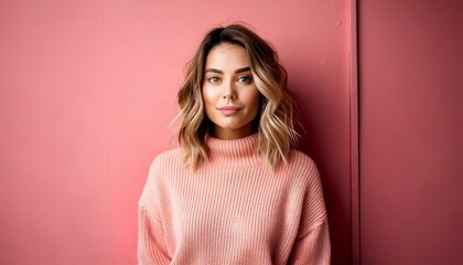 Obraz premium a woman in a pink turtleneck knitwear