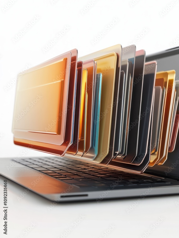 Poster close up of laptop computer with abstract document folder coming out of screen on white background. 