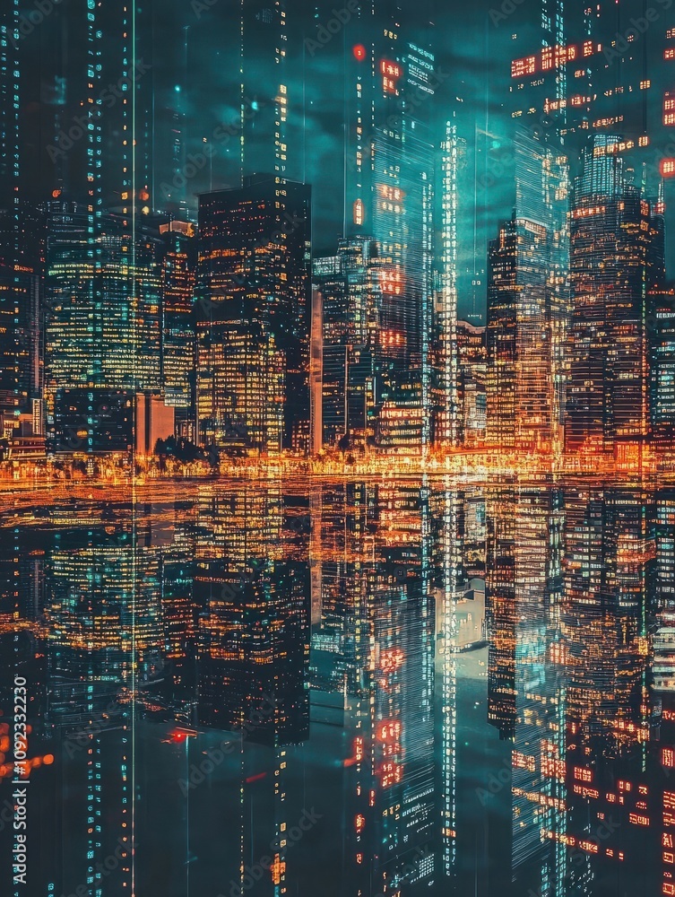 Poster creative binary code city backdrop. digital transformation concept. double exposure