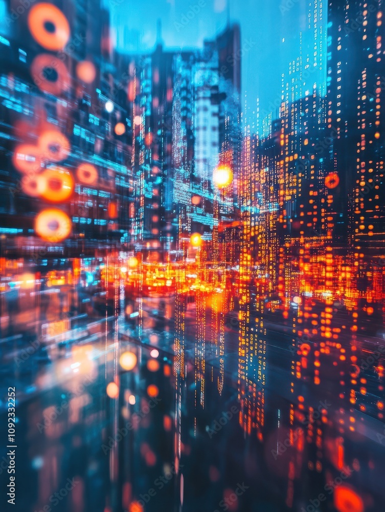 Poster creative binary code city backdrop. digital transformation concept. double exposure