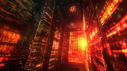 Fototapeta premium vibrant digital firewall with glowing patterns and data streams creates futuristic atmosphere. interplay of red and orange hues evokes sense of energy and technology