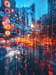 Creative binary code city backdrop. Digital transformation concept. Double exposure