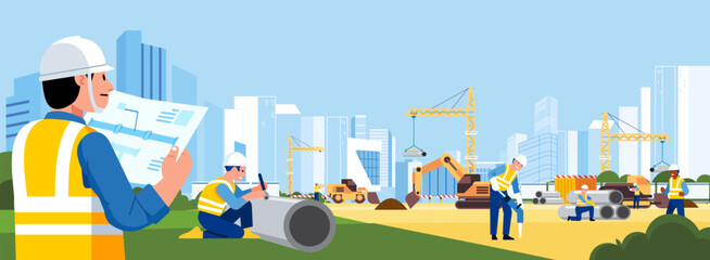 Engineers are supervising underground water pipe construction inspection and worker working on modern city