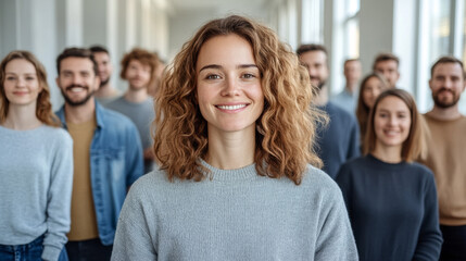 Obraz premium Group of Smiling Young Adults in Casual Attire Standing Together in a Bright and Spacious Indoor Environment During Daytime