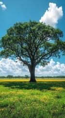 A solitary tree in a vibrant green field.