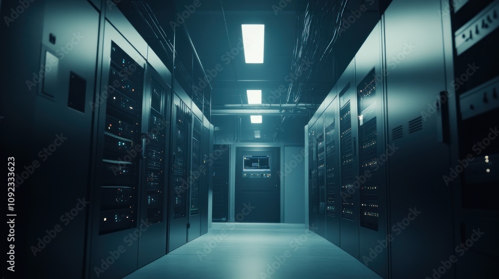 Poster dark server room corridor with rows of servers