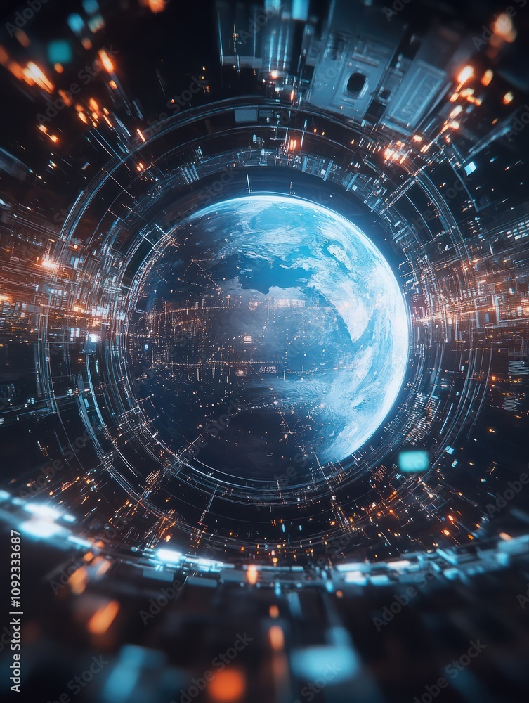 Poster digital transformation and telecommunication concept with earth planet layout and satellite connecti