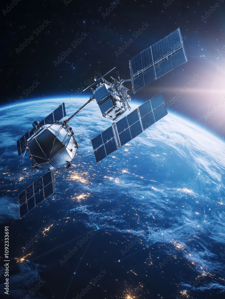 Poster digital transformation and telecommunication concept with earth planet layout and satellite connecti