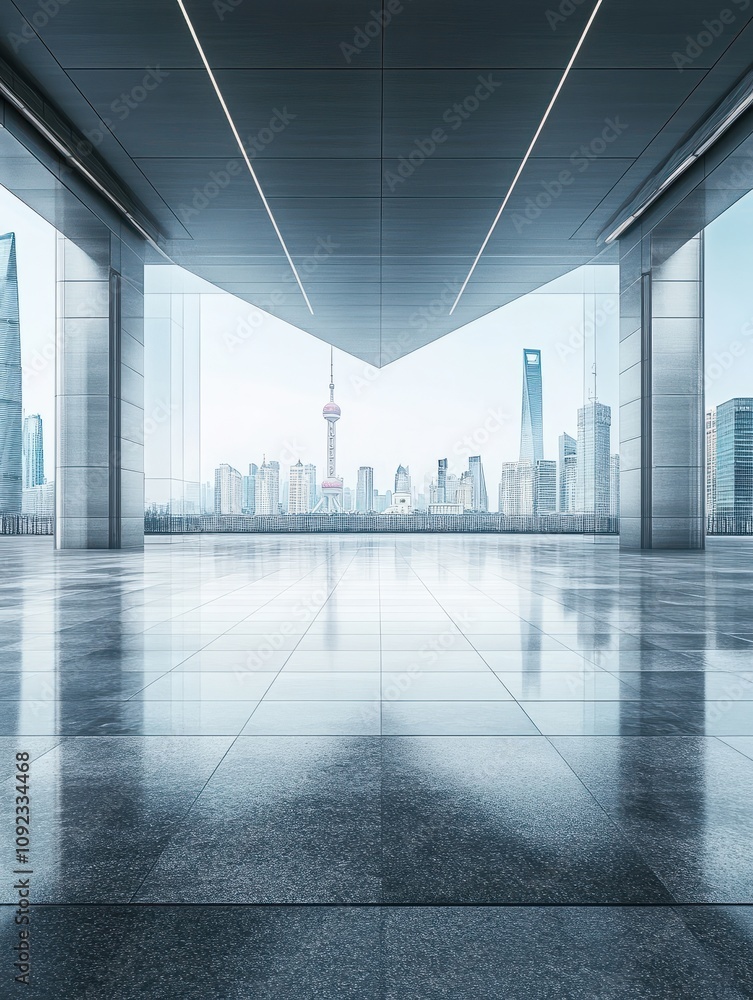 Poster empty floor and modern urban architecture scene in shanghai