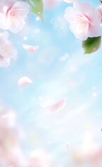 White camellia petals floating in a light blue sky with clouds and blurred green leaves