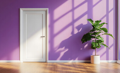 Purple wall with a white door and wooden floor, with a plant on the right side, in a bright room, a close-up shot, photorealistic.