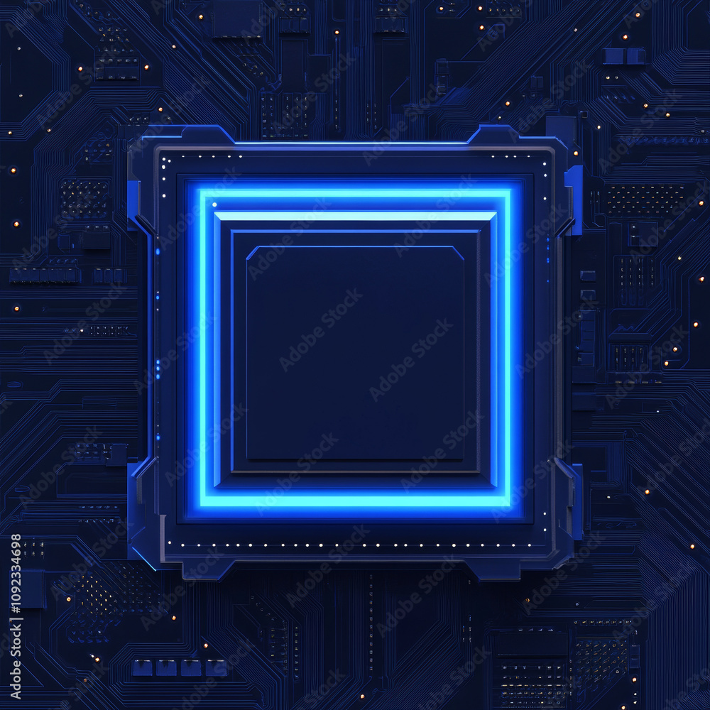 Aufkleber an abstract computer chip on a circuit board, featuring a light blue polygonal semiconductor set aga