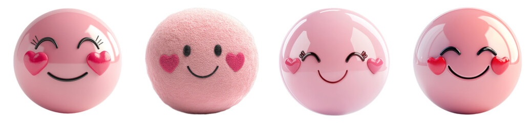 cute pink smiley faces with hearts fluffy ball cheerful expressions transparent background