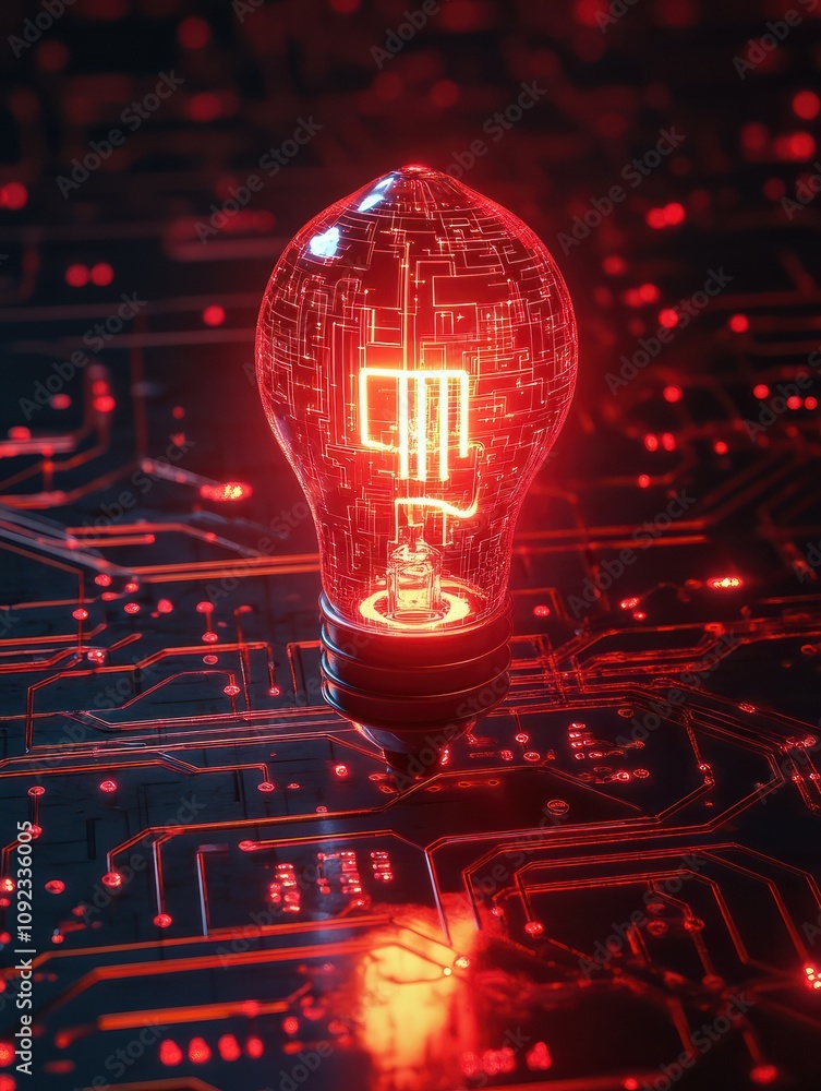 Poster glowing circuit lamp on digital grid background. idea and innovation concept. 3d rendering.